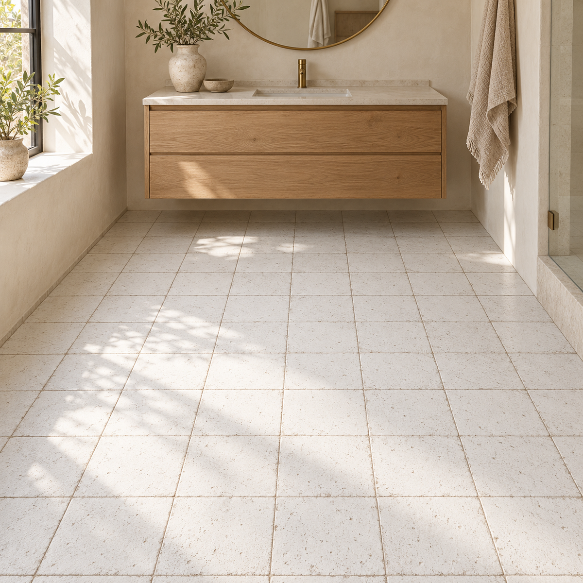 Oceanique Blanc 8x8 Porcelain Tile – bathroom floor scene