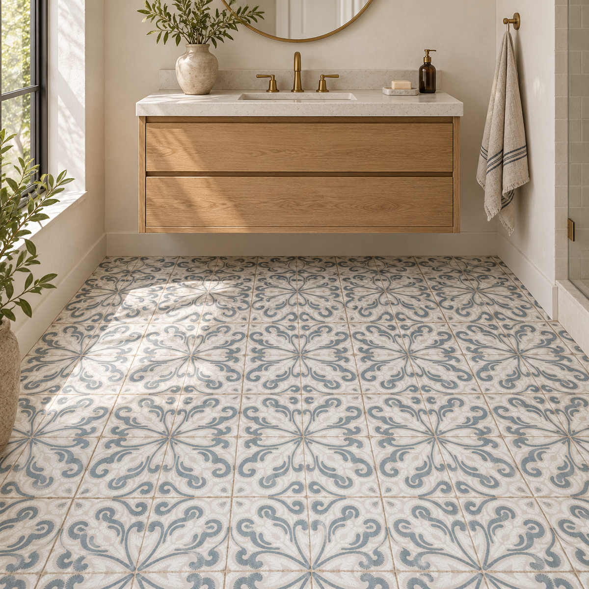 Oceanique Josselin 8x8 Porcelain Tile – bathroom floor scene