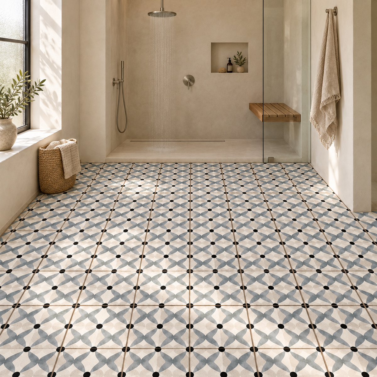 Oceanique Nantes Bleu 8x8 Porcelain Tile – contemporary walk-in shower bathroom with 8x8 floor tiles