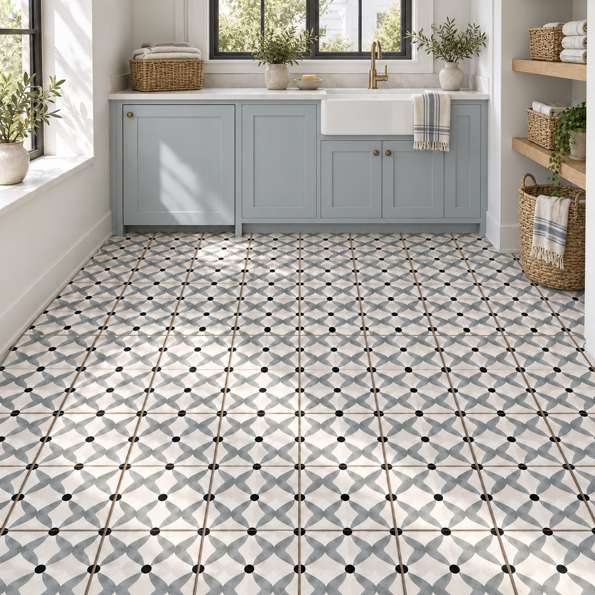 Oceanique Nantes Bleu 8x8 Porcelain Tile – coastal laundry room with 8x8 floor tiles