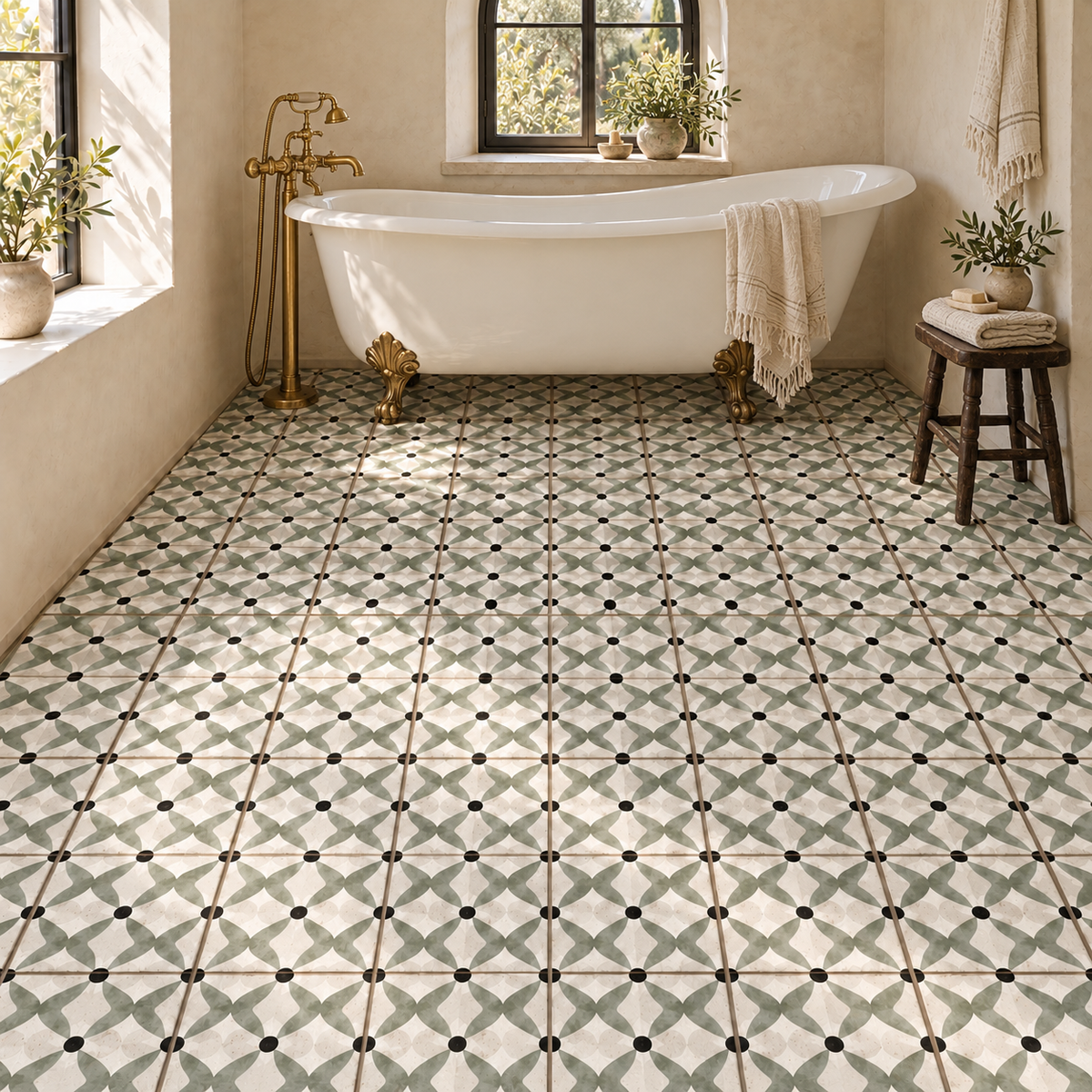 Oceanique Nantes Olive 8x8 Porcelain Tile – clawfoot bathtub bathroom with 8x8 floor tiles