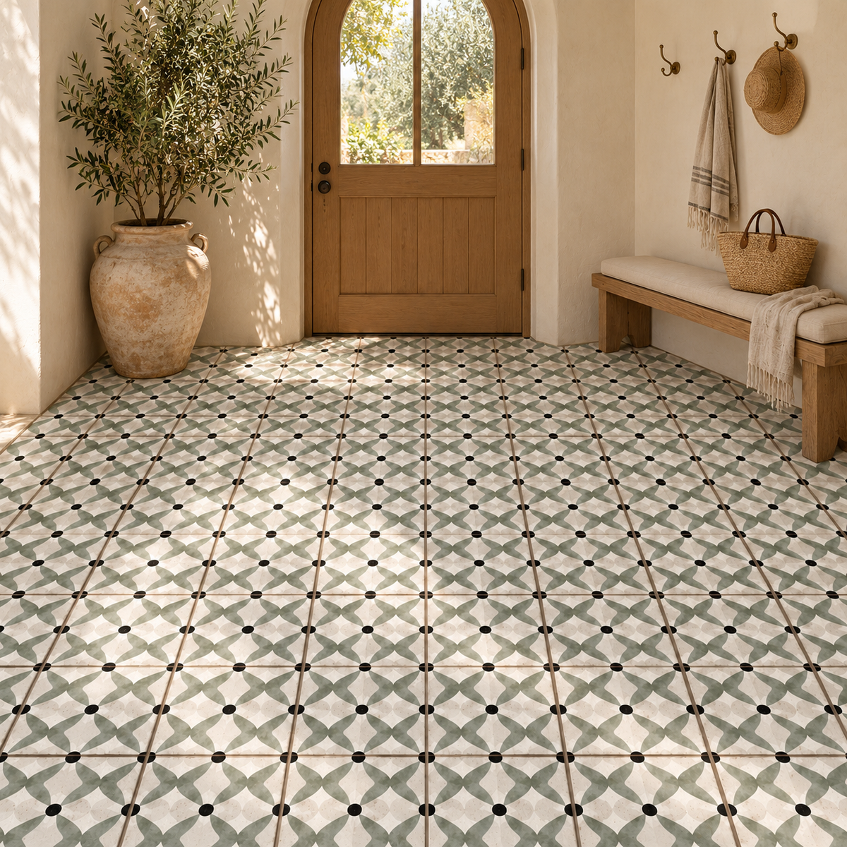 Oceanique Nantes Olive 8x8 Porcelain Tile – arched entryway with 8x8 floor tiles