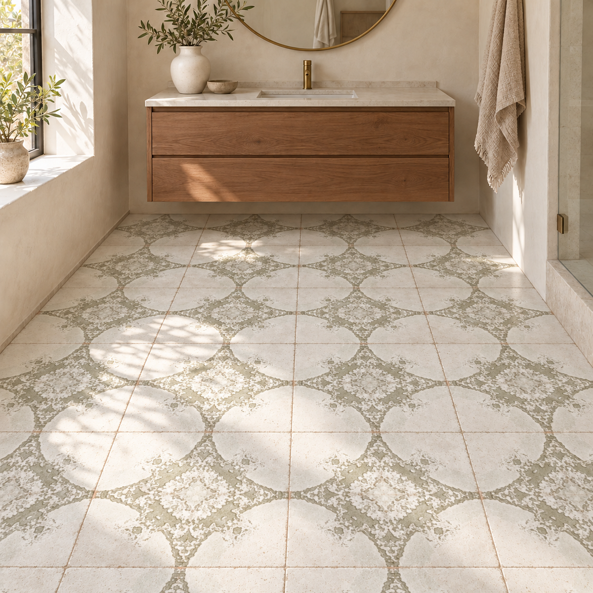 Oceanique Olive 8x8 Porcelain Tile – bathroom floor scene