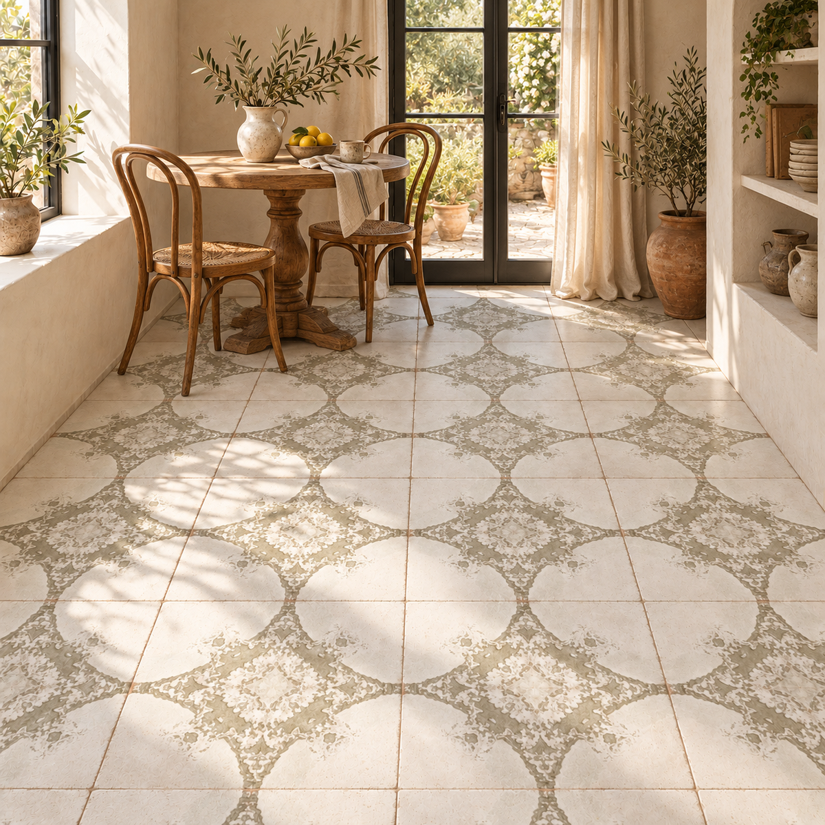 Oceanique Olive 8x8 Porcelain Tile – French cottage breakfast nook with 8x8 floor tiles