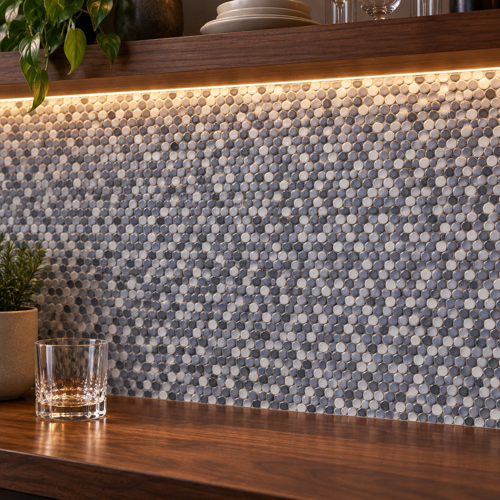 Ono Gradient Grey 11.5x12.25 Glossy Porcelain Mosaic Tile — generated installation scene
