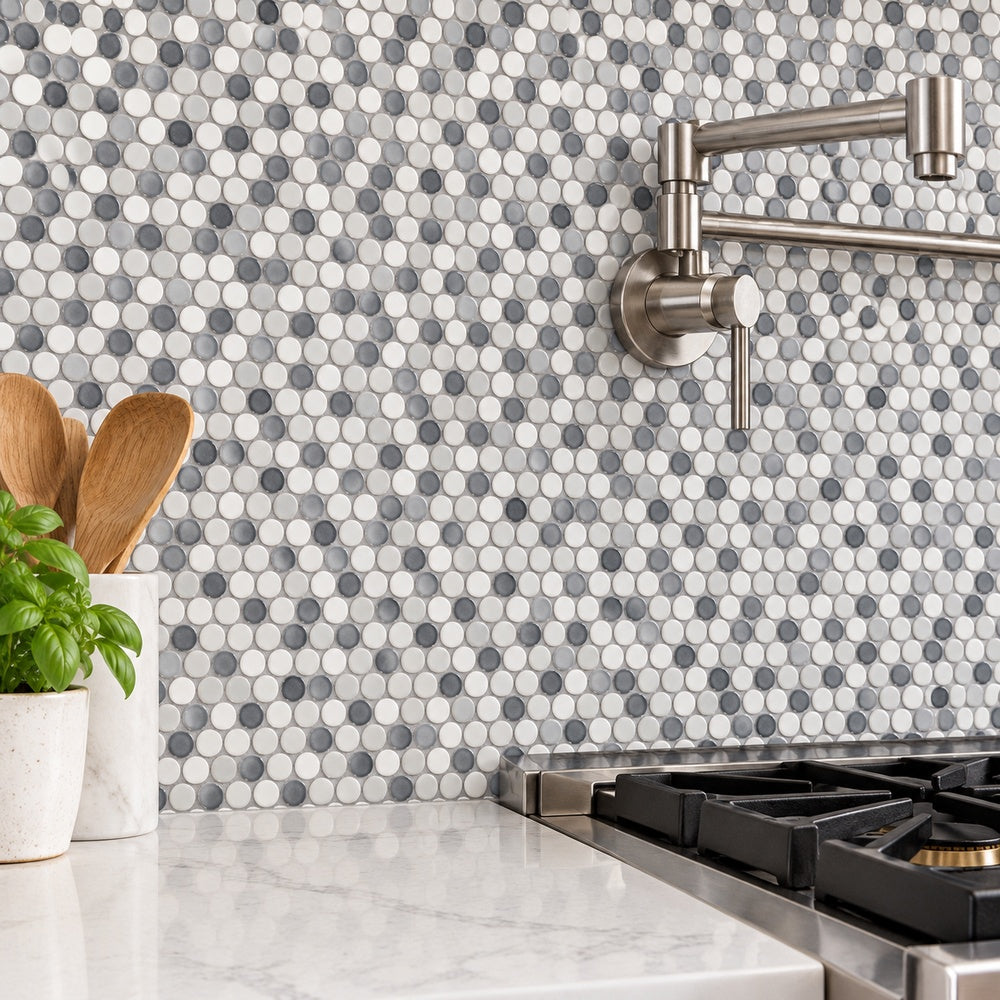 Ono Mixed Grey 11.5x12.25 Glossy Porcelain Mosaic Tile — generated installation scene