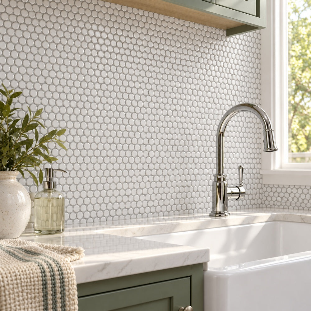 Ono Natural Grey 11.5x12.25 Glossy Porcelain Mosaic Tile — generated installation scene