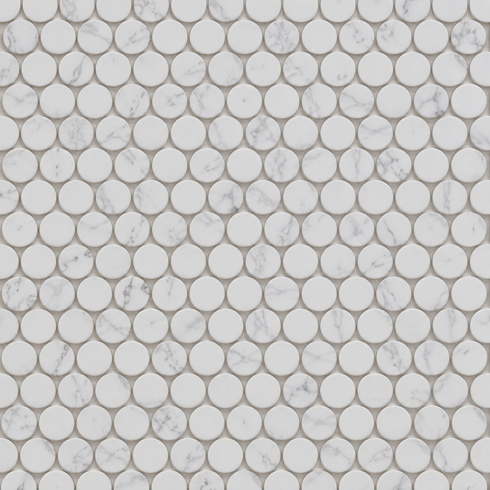 Ono Statuario 11.5x12.25 Matte Porcelain Mosaic Tile — installed close-up