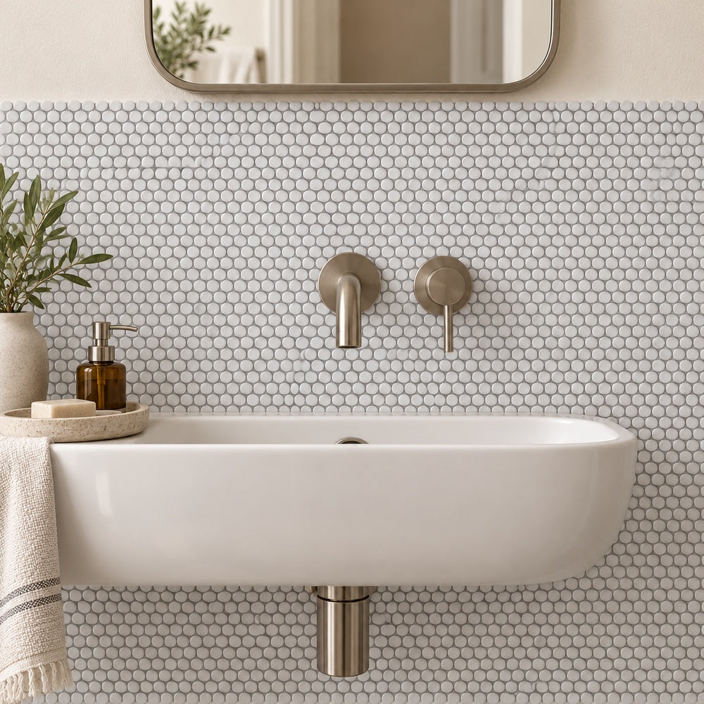 Ono Statuario 11.5x12.25 Matte Porcelain Mosaic Tile — generated installation scene