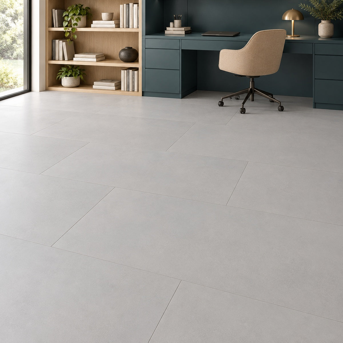 Momento Concrete 24x48 Porcelain Tile installed floor room scene