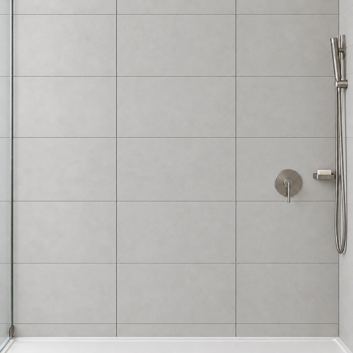 Momento Cement Ice 12x24 Porcelain Tile installed room scene