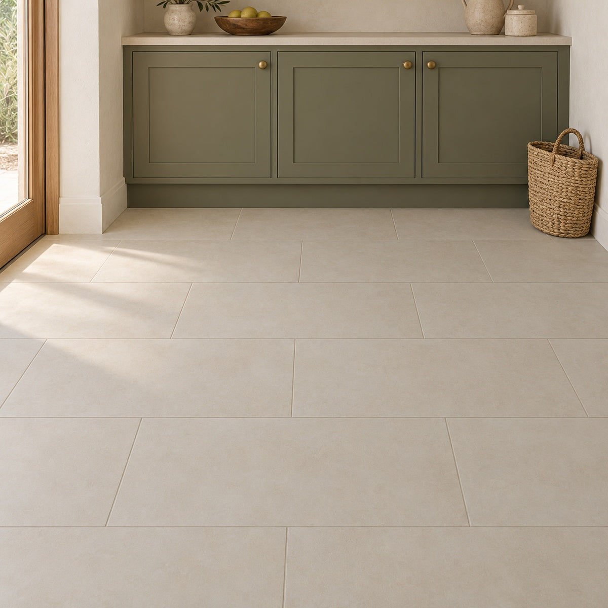 Momento Desert Sand 12x24 Porcelain Tile installed room scene