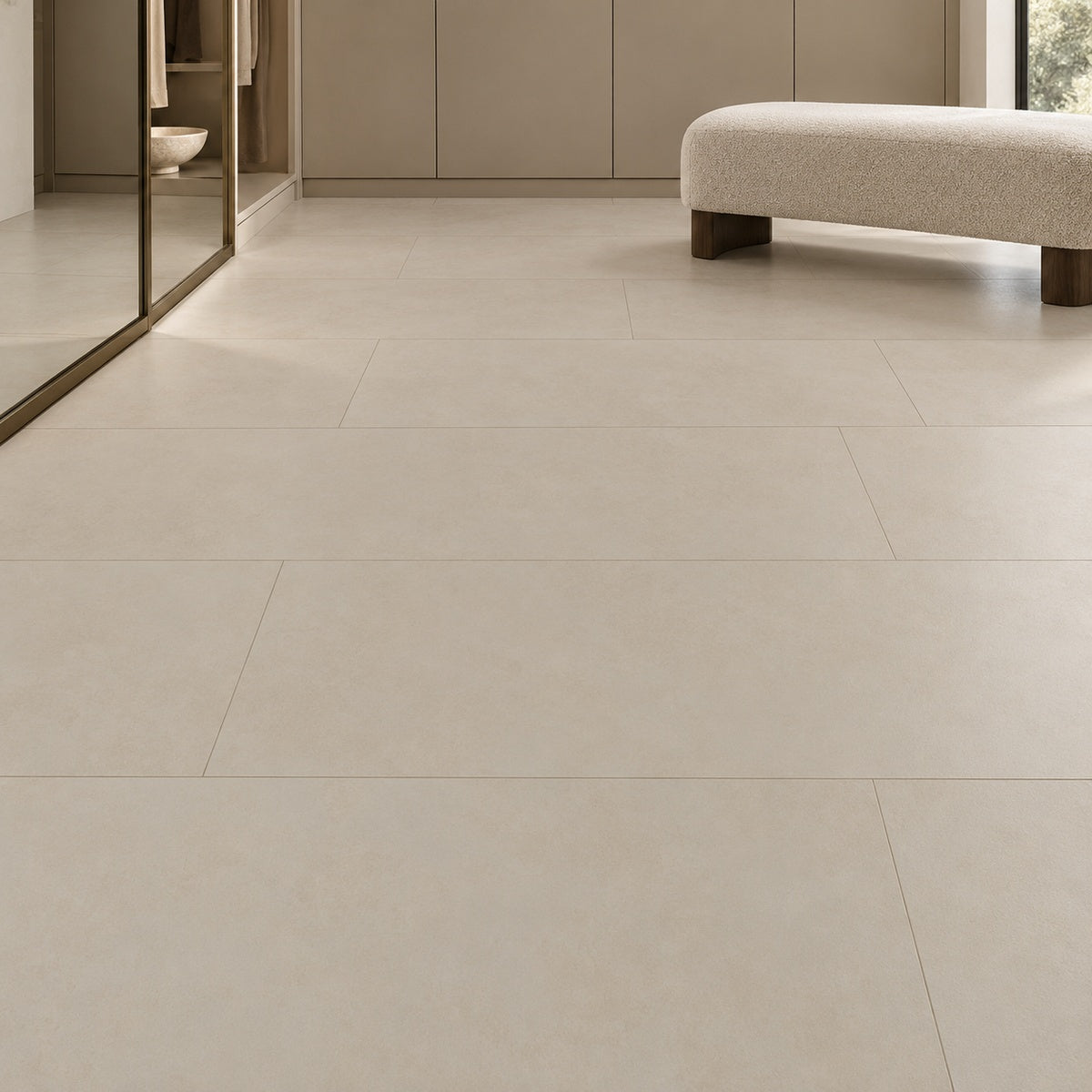 Momento Nude 24x48 Porcelain Tile installed floor room scene
