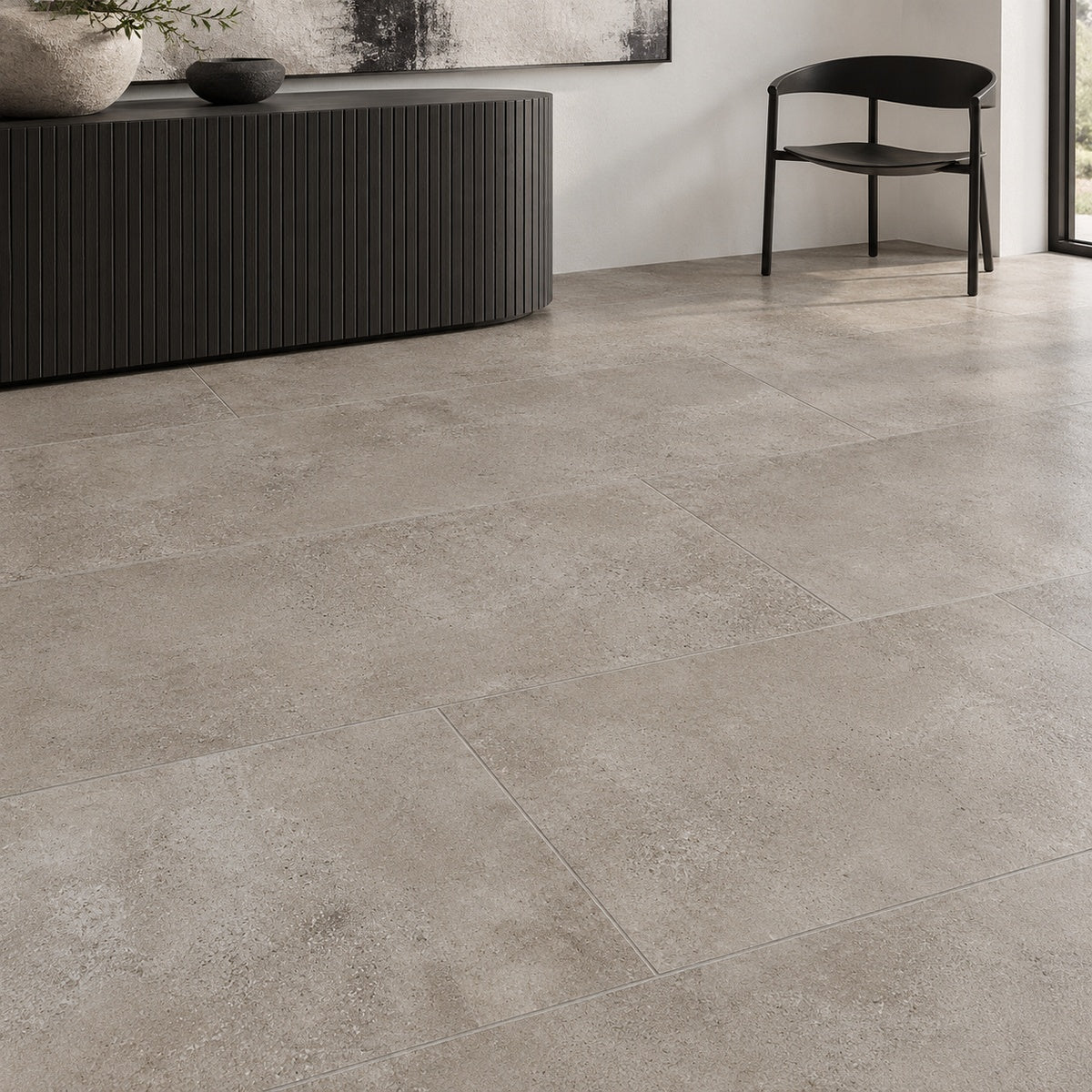 Manhattan Ash 24x48 Porcelain Tile installed floor room scene
