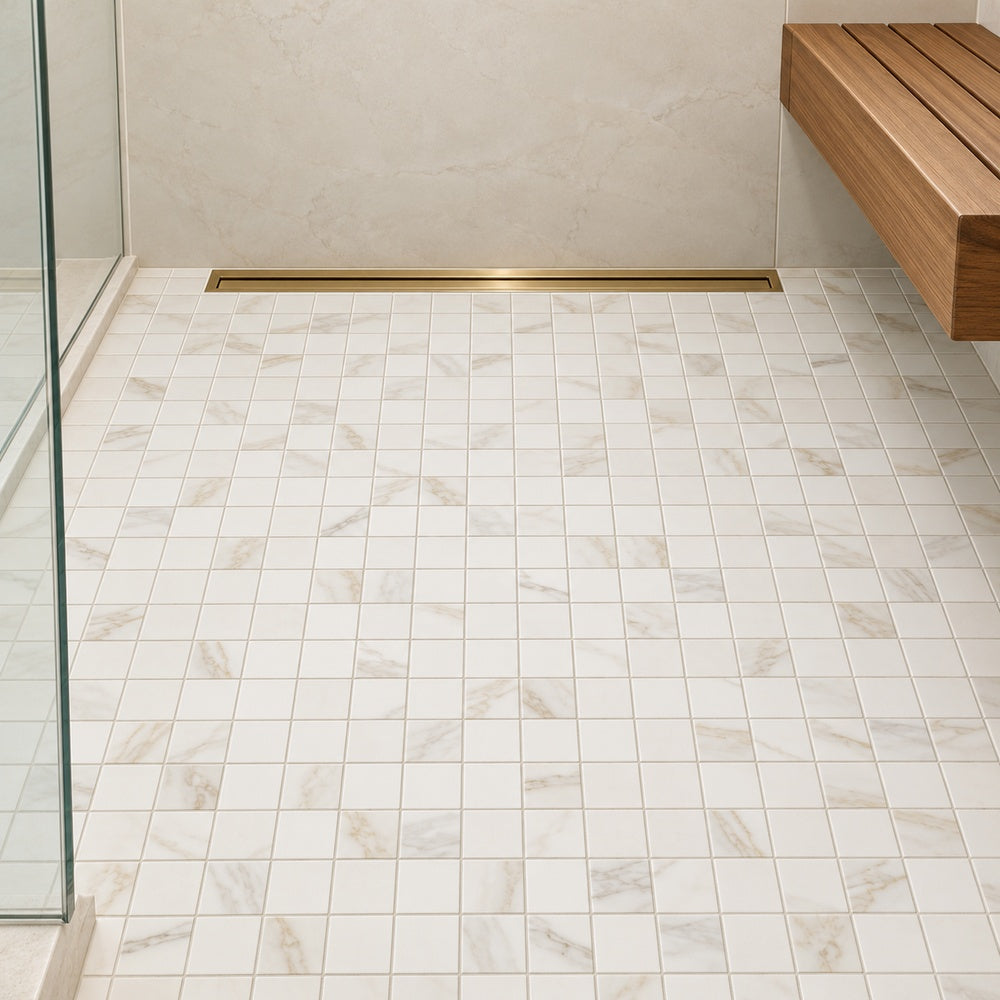 Classici Calacatta Gold 12x12 Matte Porcelain Mosaic Tile installed floor room scene
