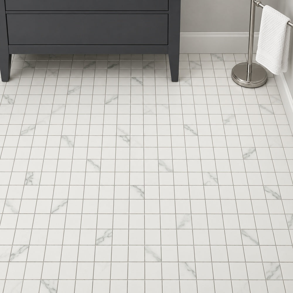Classici Statuario Soft Mosaic 12x12 Matte Porcelain Tile installed floor room scene