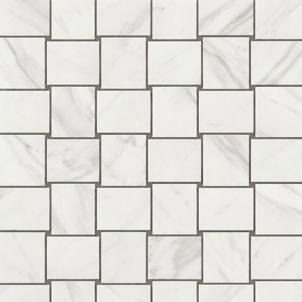 Clara Calacatta Levigato 12x12 Basketweave Polished Porcelain Tile installed close-up