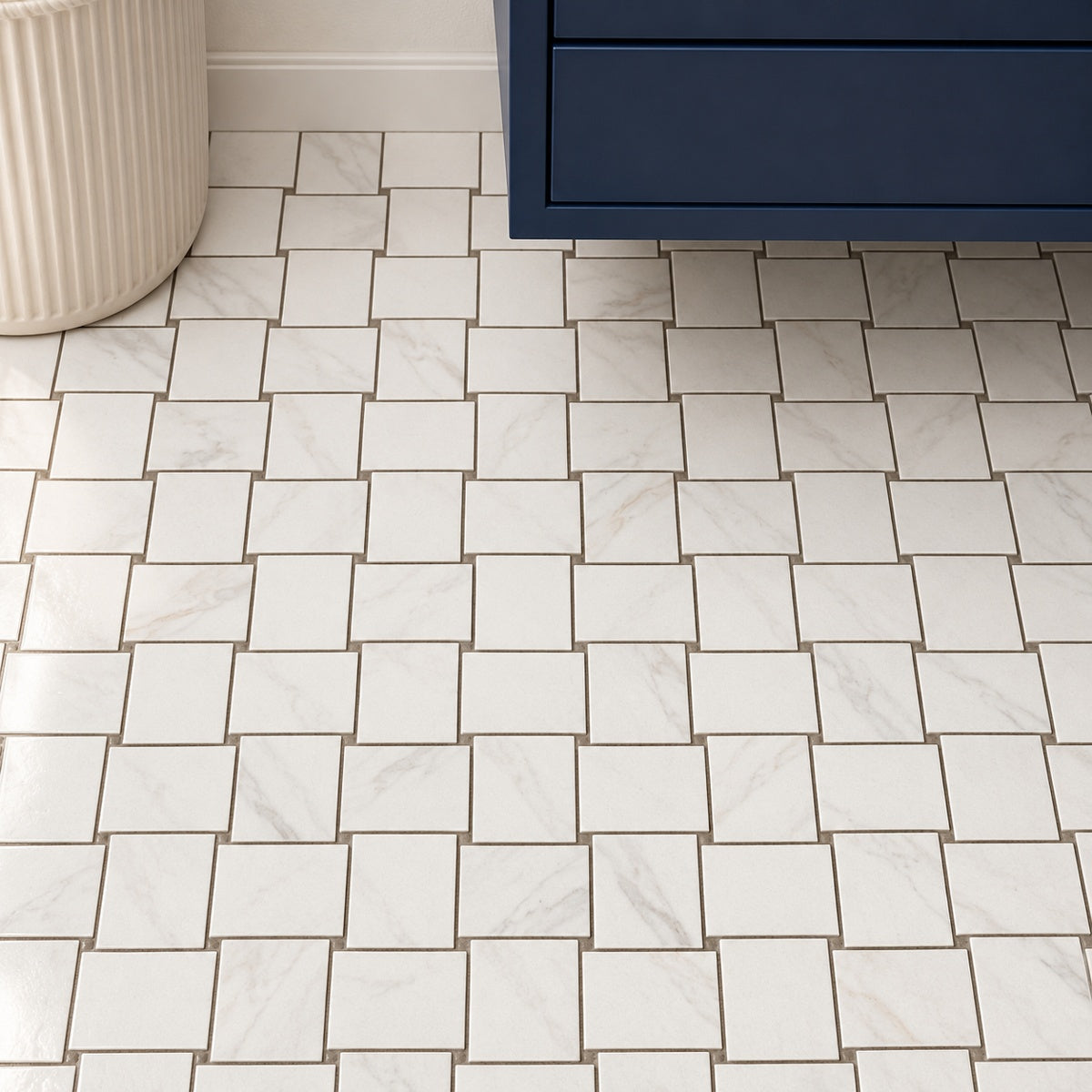 Clara Calacatta Levigato 12x12 Basketweave Polished Porcelain Tile installed room scene