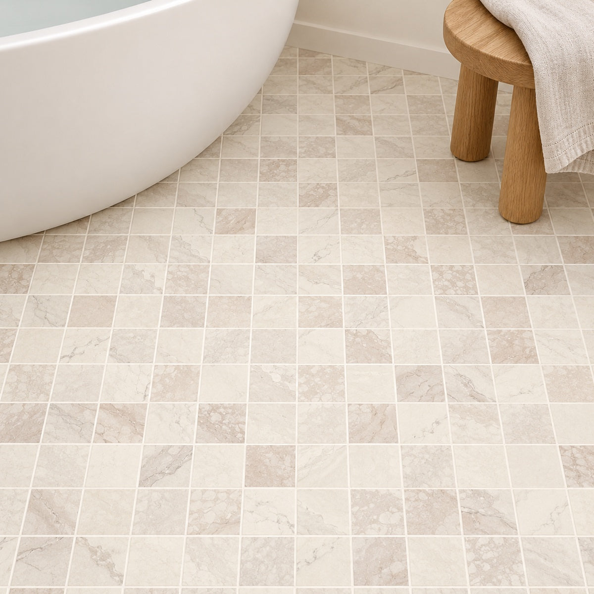 Ebonite Ivory 12x12 Matte Mosaic Porcelain Tile installed floor room scene
