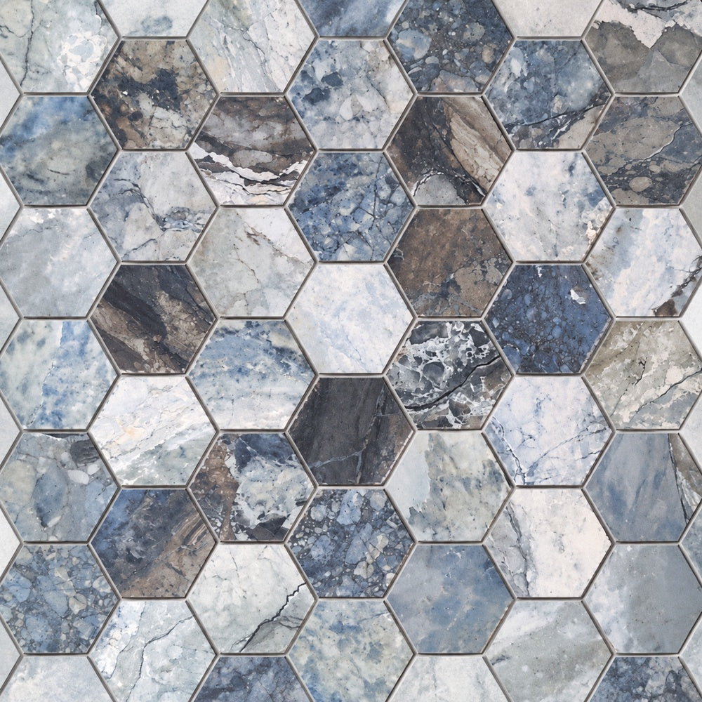 Ebonite Ocean Hexagon 12x12 Matte Porcelain Tile installed close-up