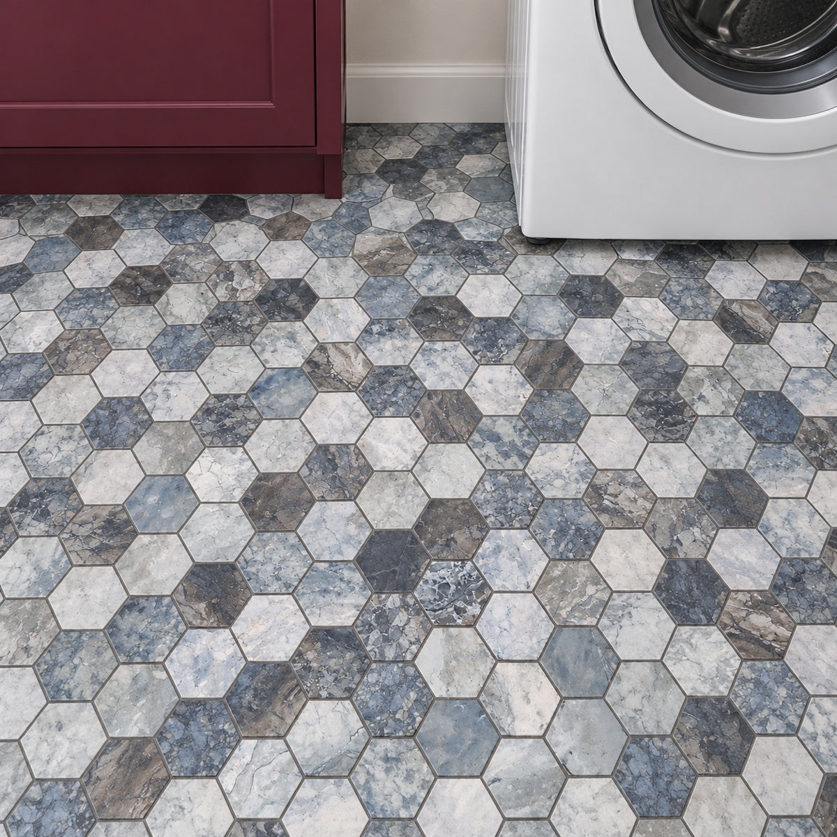 Ebonite Ocean Hexagon 12x12 Matte Porcelain Tile installed room scene