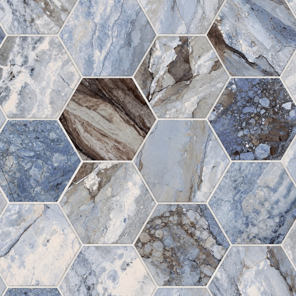 Ebonite Ocean Hexagon 4x4 Polished Porcelain Tile installed close-up