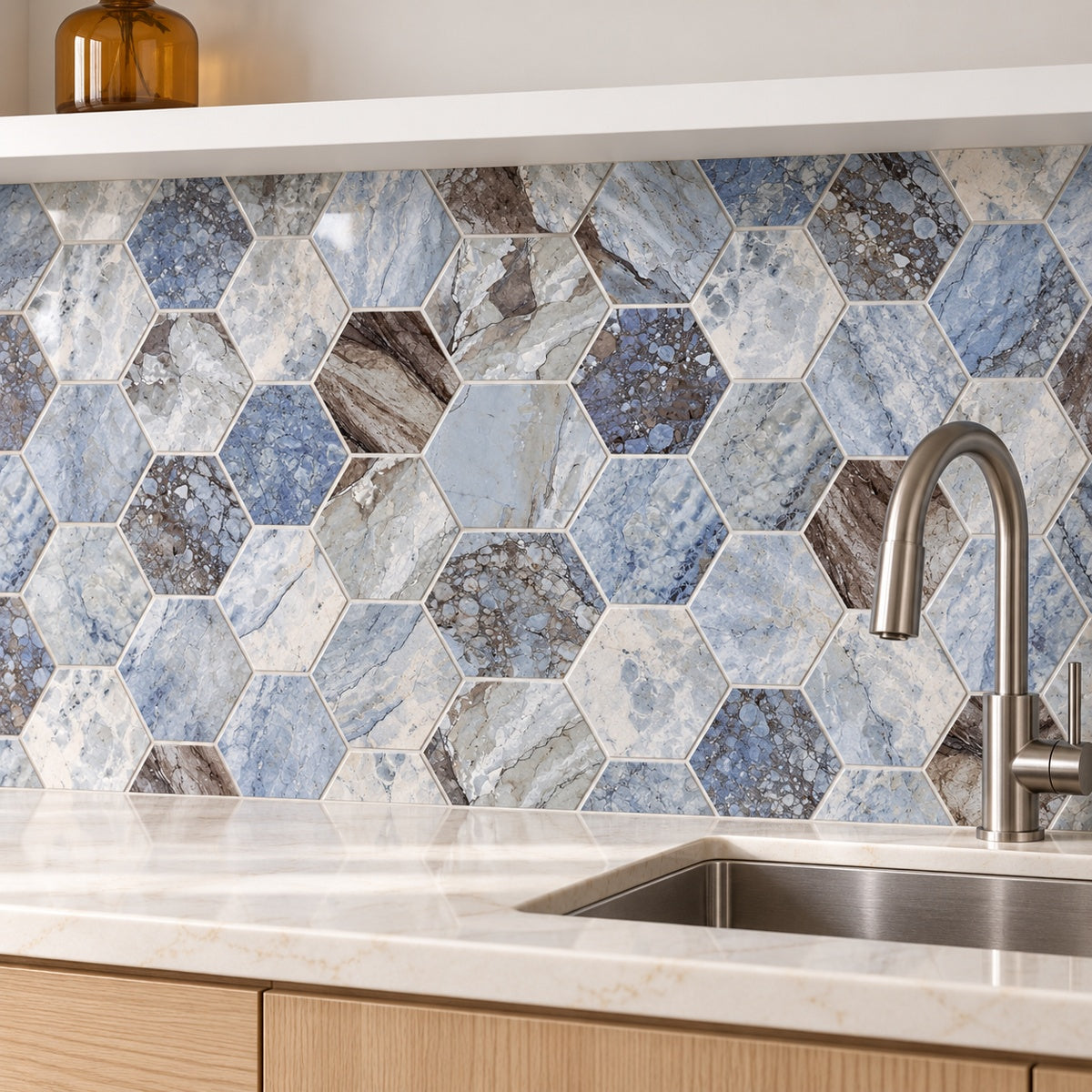 Ebonite Ocean Hexagon 4x4 Polished Porcelain Tile installed room scene