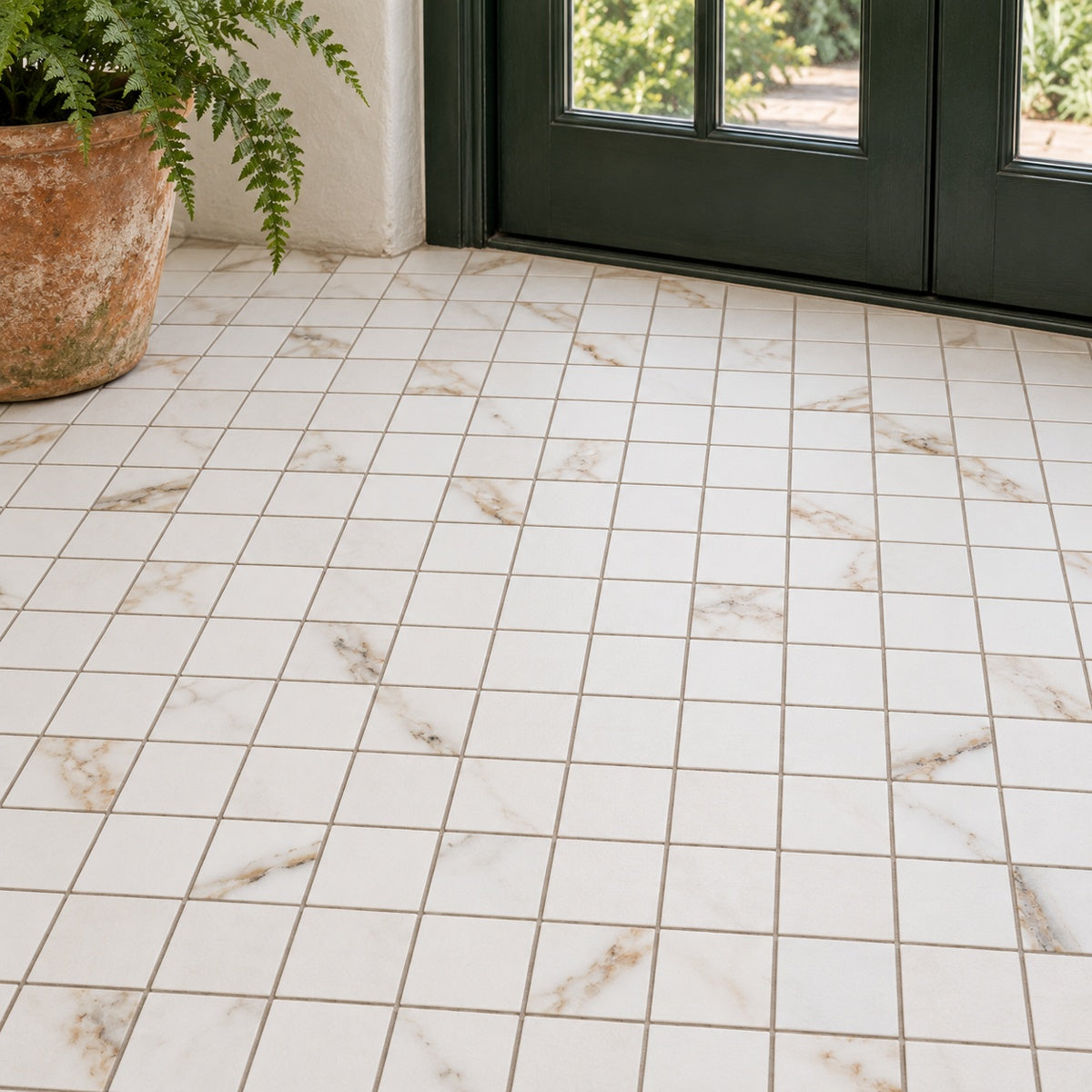 Primara Or Matte Mosaic 12x12 Porcelain Tile installed floor room scene