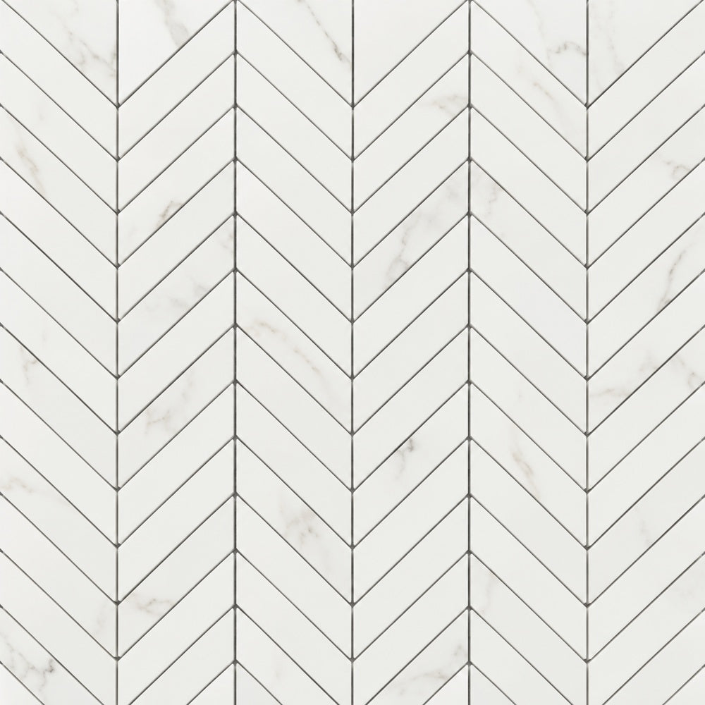 Prestigio Calacatta Soft Chevron 10x12 Porcelain Tile installed close-up