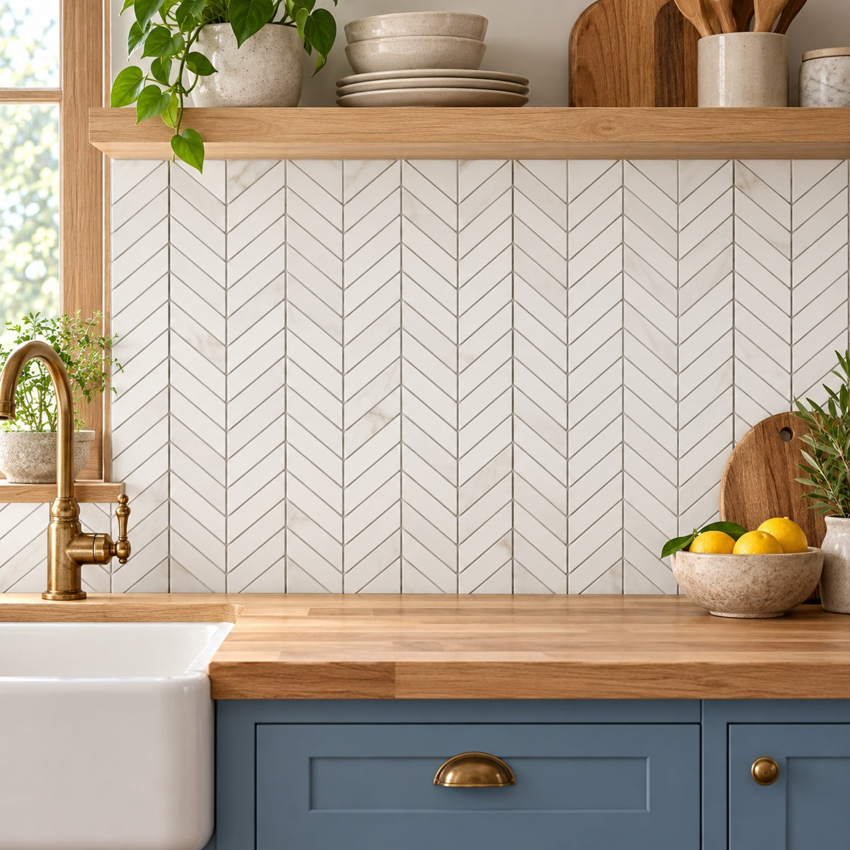 Prestigio Calacatta Soft Chevron 10x12 Porcelain Tile installed room scene