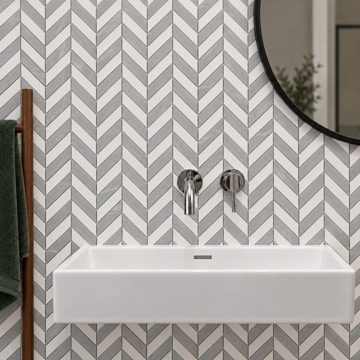 Tivano Impero Mix Lucido Chevron 10x12 Porcelain Tile installed room scene