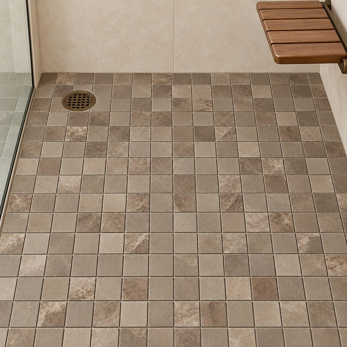 Sorell Choco Matte Mosaic 12x12 Porcelain Tile installed floor room scene