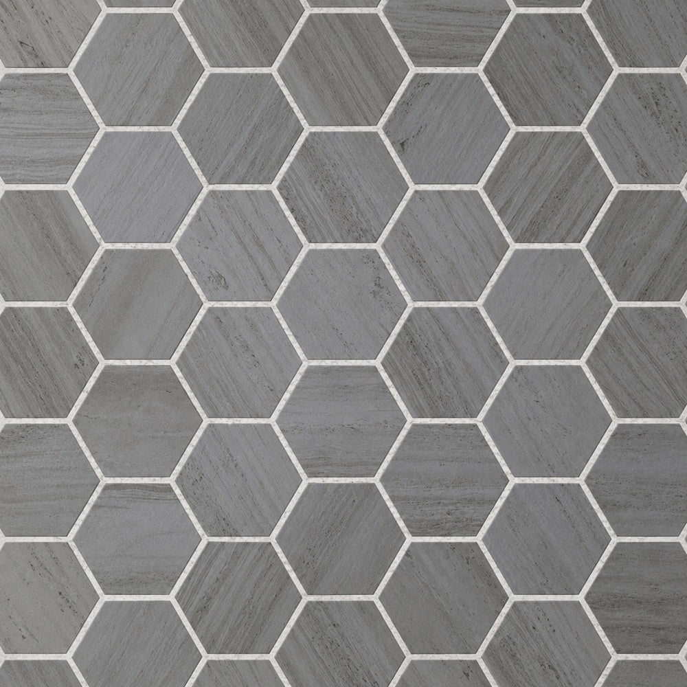 Brookstone Grey Hexagon 12x12 Porcelain Mosaic Tile installed close-up
