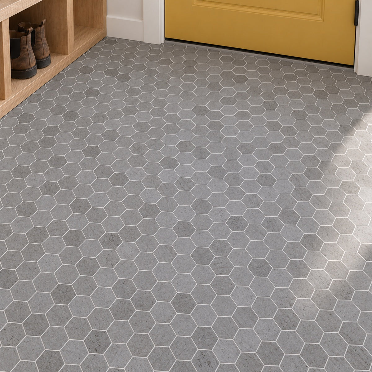 Brookstone Grey Hexagon 12x12 Porcelain Mosaic Tile installed floor room scene