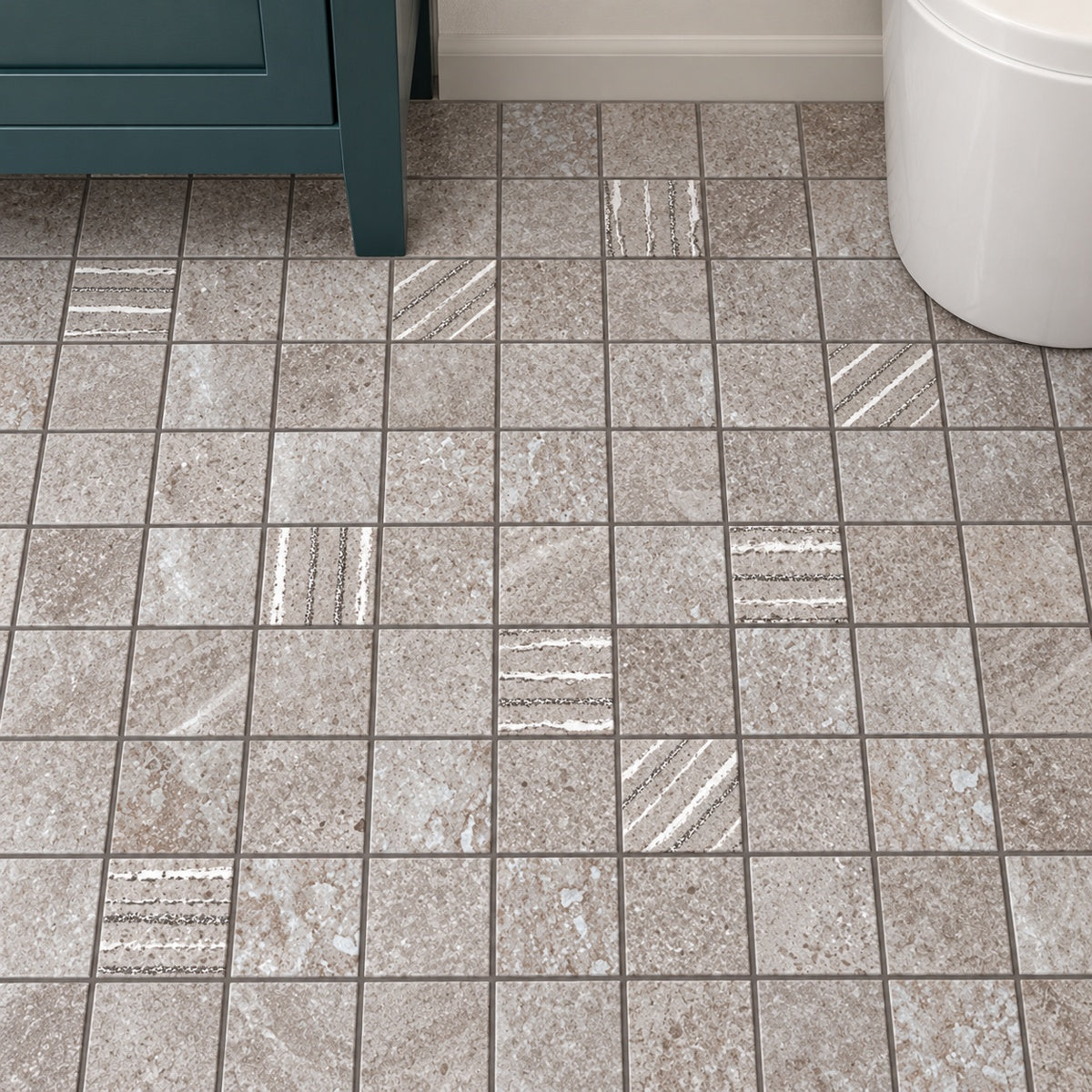 Solstice Grey Mosaic 12x12 Porcelain Tile installed floor room scene