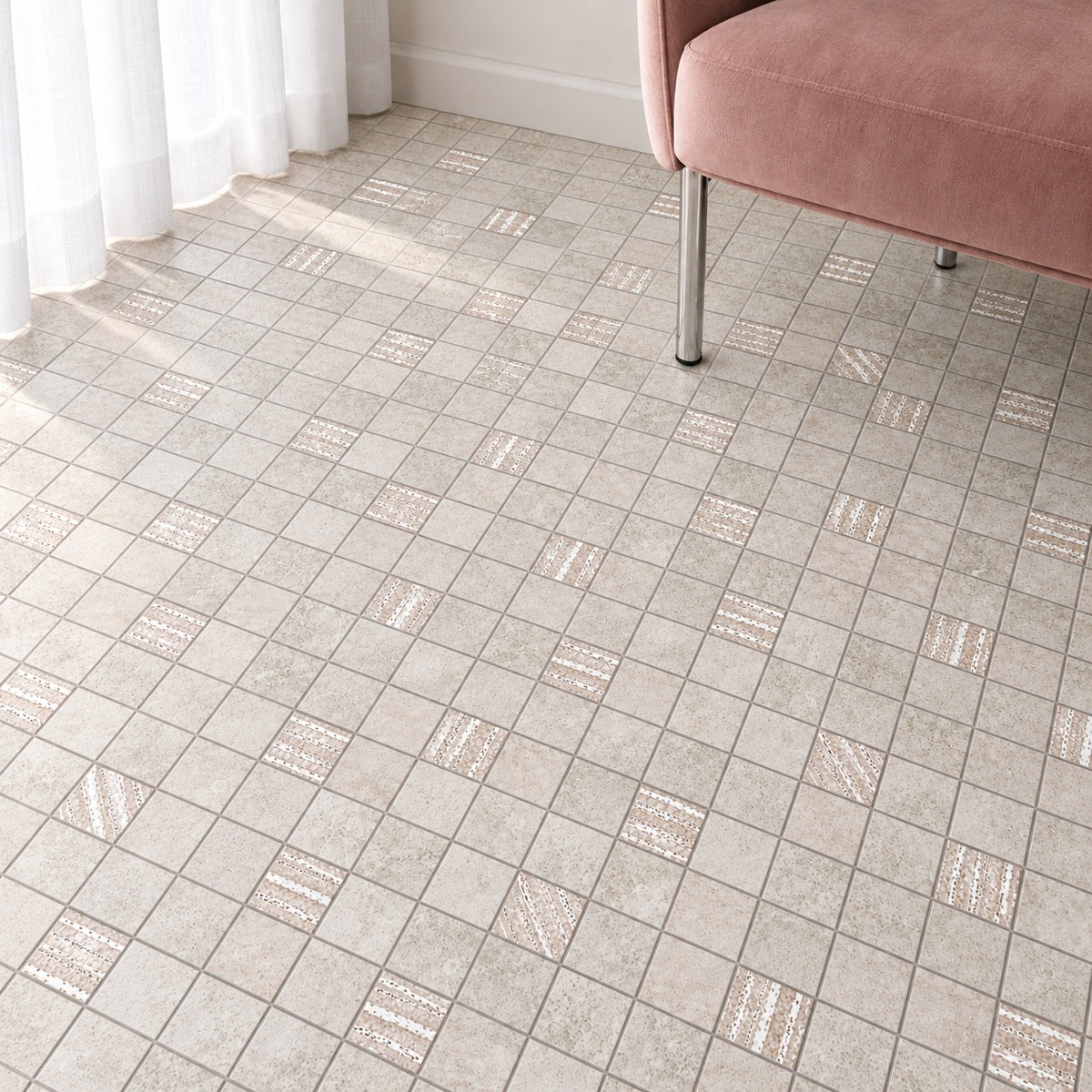 Solstice Ice Mosaic 12x12 Porcelain Tile installed floor room scene