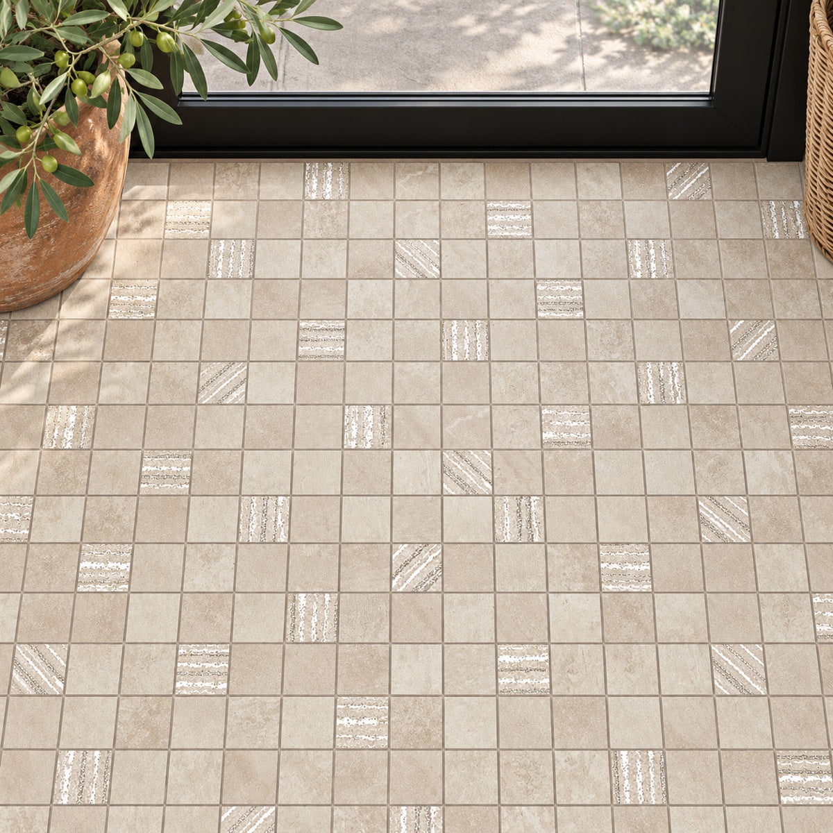 Solstice Sand Mosaic 12x12 Porcelain Tile installed floor room scene