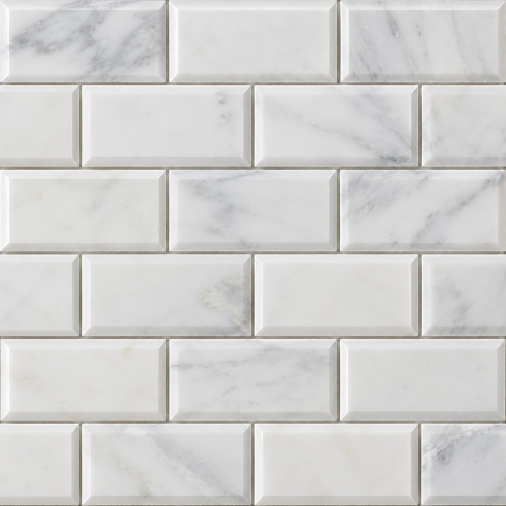 Calacatta Prestige 2x4 beveled marble installed close-up