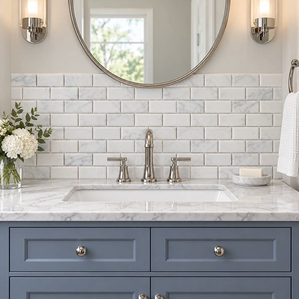 Calacatta Prestige 2x4 beveled marble room installation