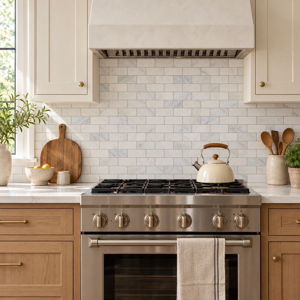 Calacatta Prestige 2x4 flat marble room installation