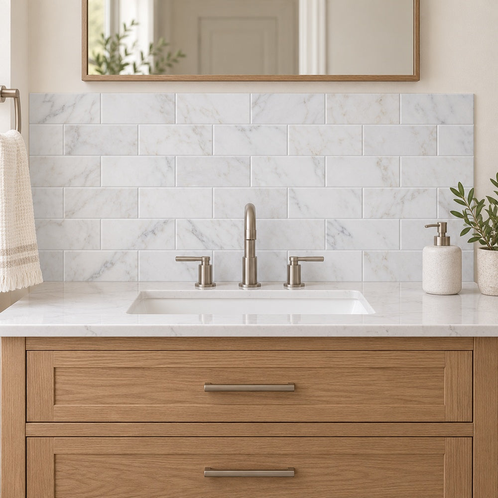 Calacatta Prestige 3x6 marble room installation