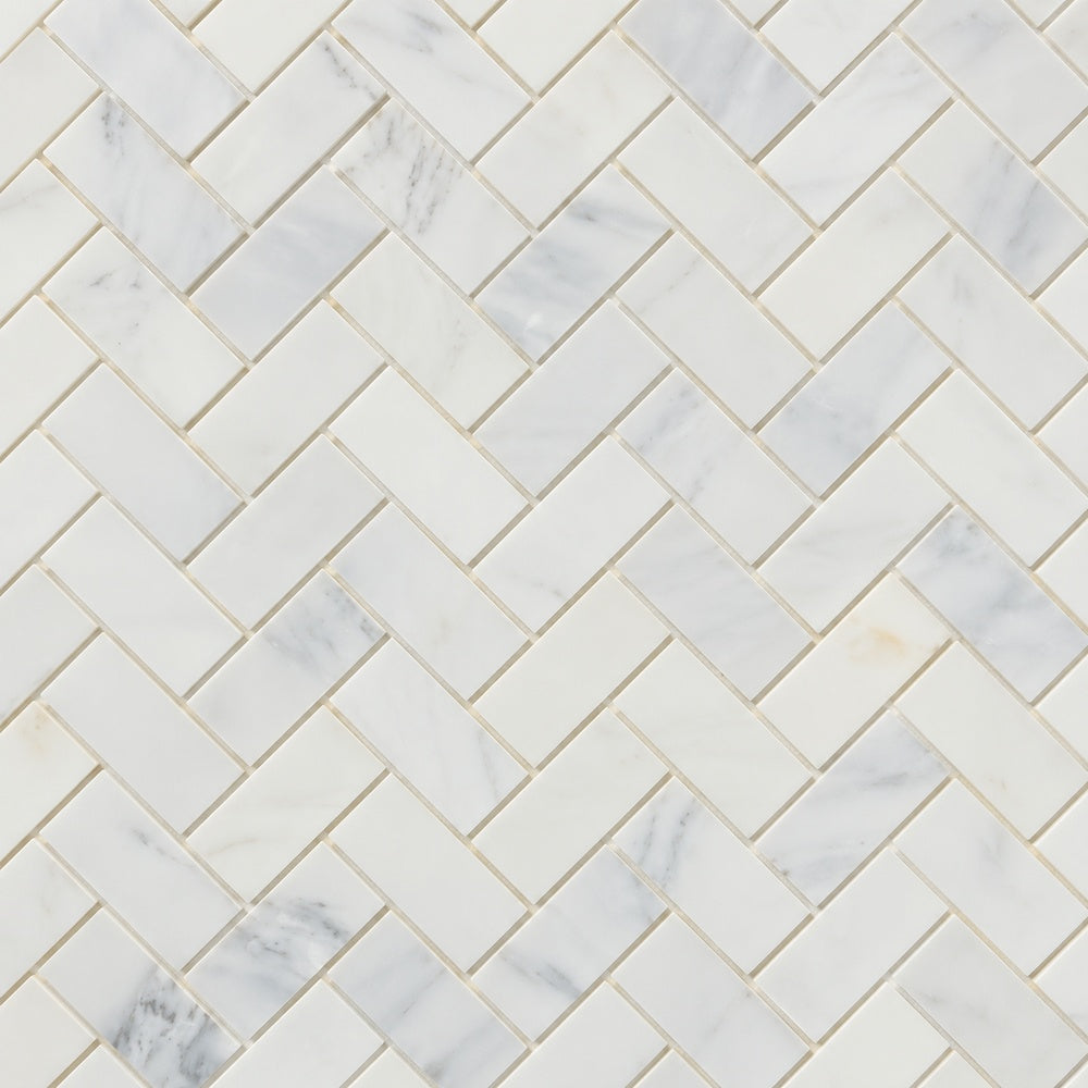 Calacatta Prestige 1x2 herringbone installed marble close-up