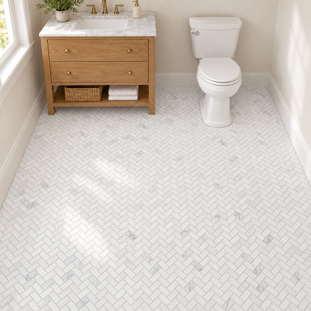 Calacatta Prestige 1x2 herringbone small marble mosaic bathroom floor room scene