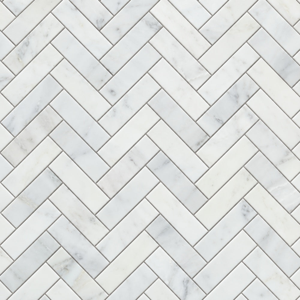 Calacatta Prestige 1x3 herringbone installed marble close-up