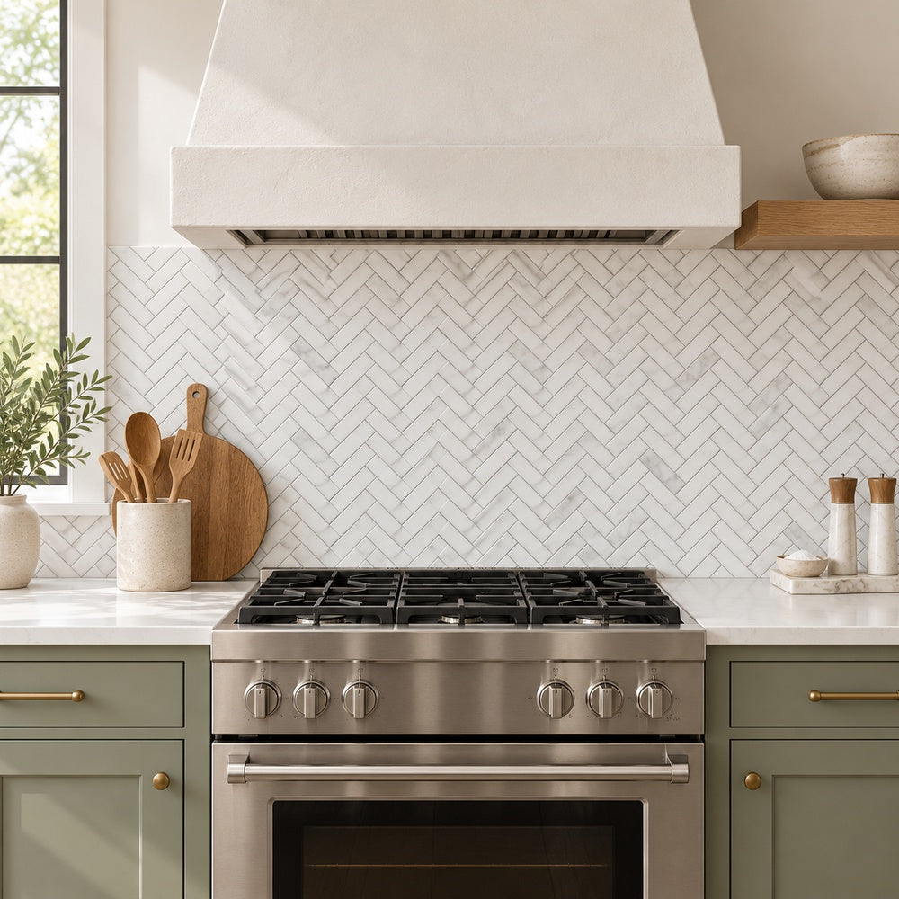 Calacatta Prestige 1x3 herringbone marble mosaic kitchen backsplash room scene