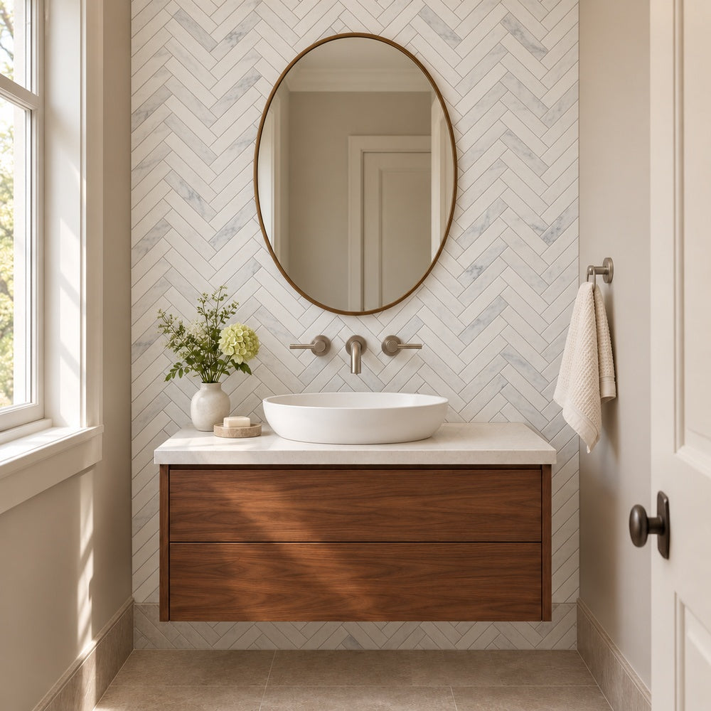 Calacatta Prestige 1x4 herringbone marble mosaic vanity wall room scene