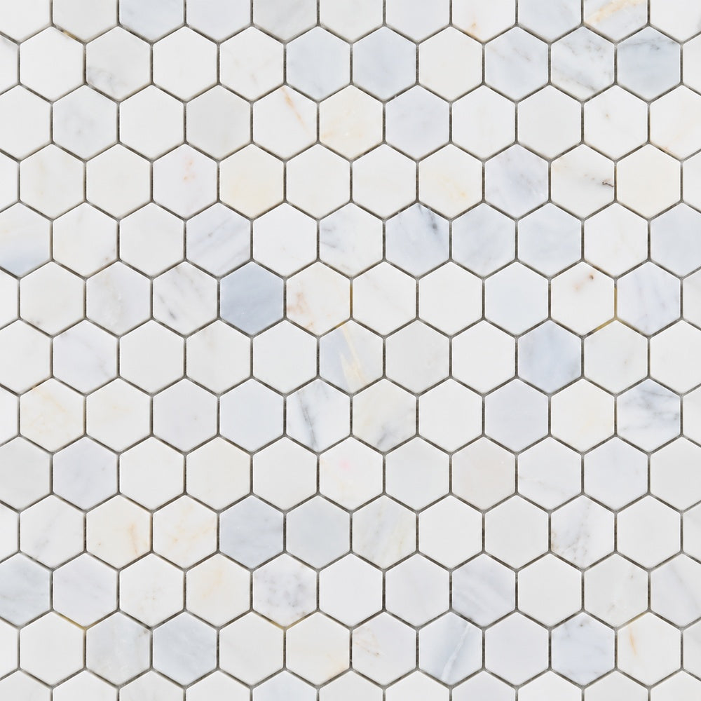 Calacatta Prestige 1-inch hexagon installed marble close-up