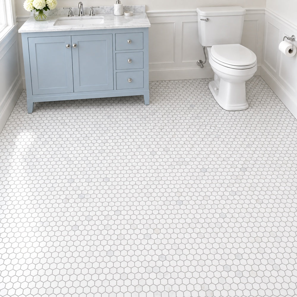 Calacatta Prestige 1-inch hexagon small marble mosaic bathroom floor room scene