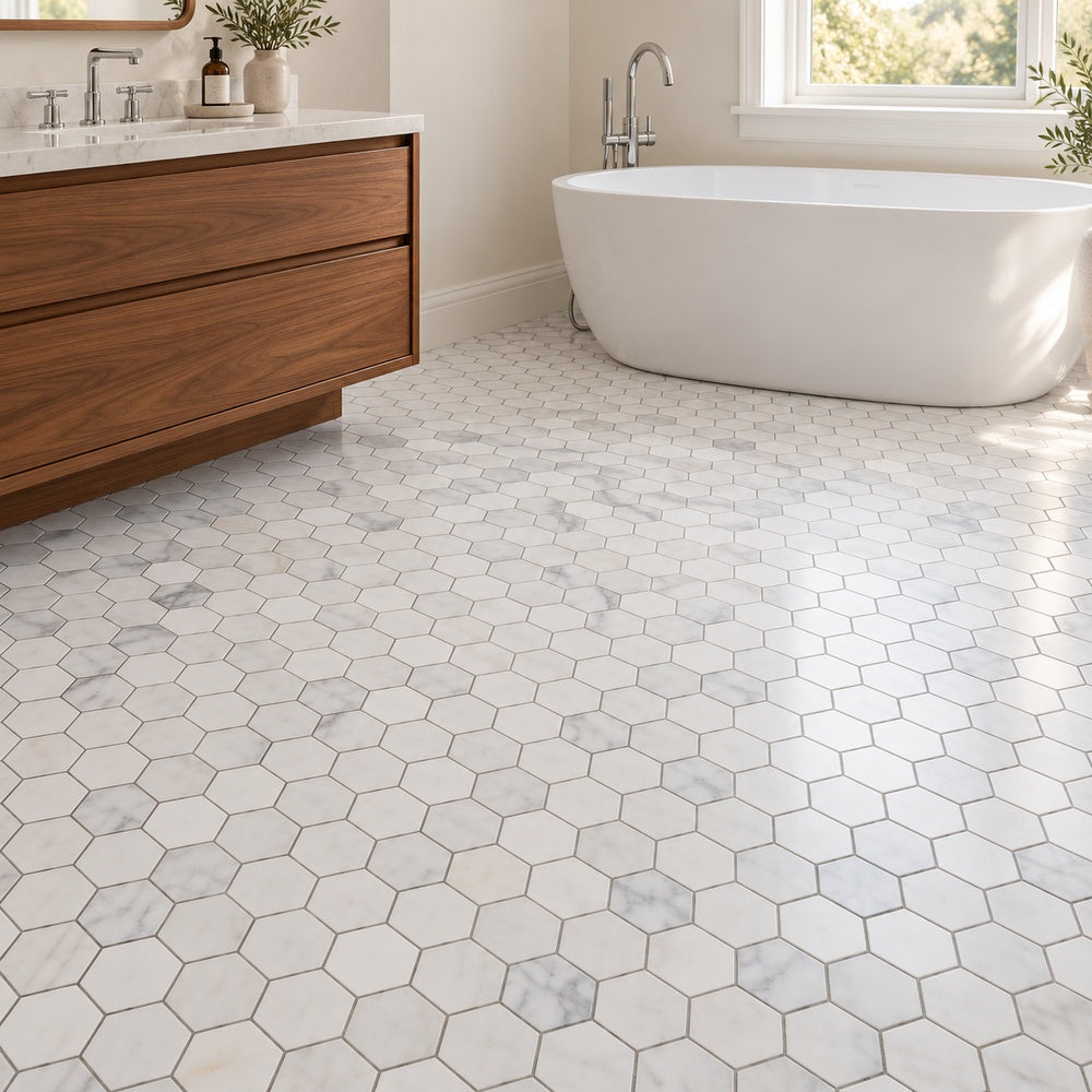 Calacatta Prestige 2-inch hexagon marble mosaic bathroom floor room scene