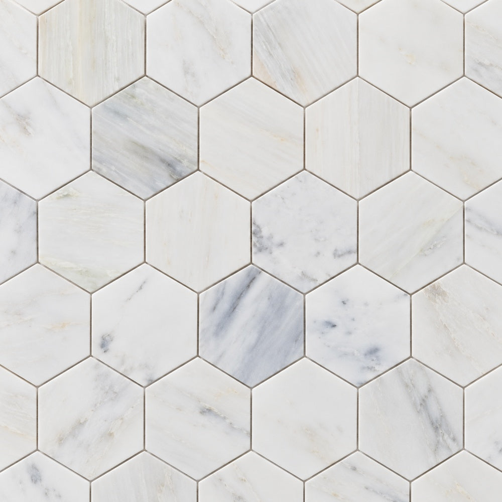 Calacatta Prestige 3-inch hexagon installed marble close-up
